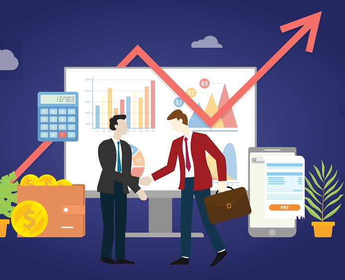 b2b business to business marketing deal agreement between two company with some graph and chart statistic data – vector