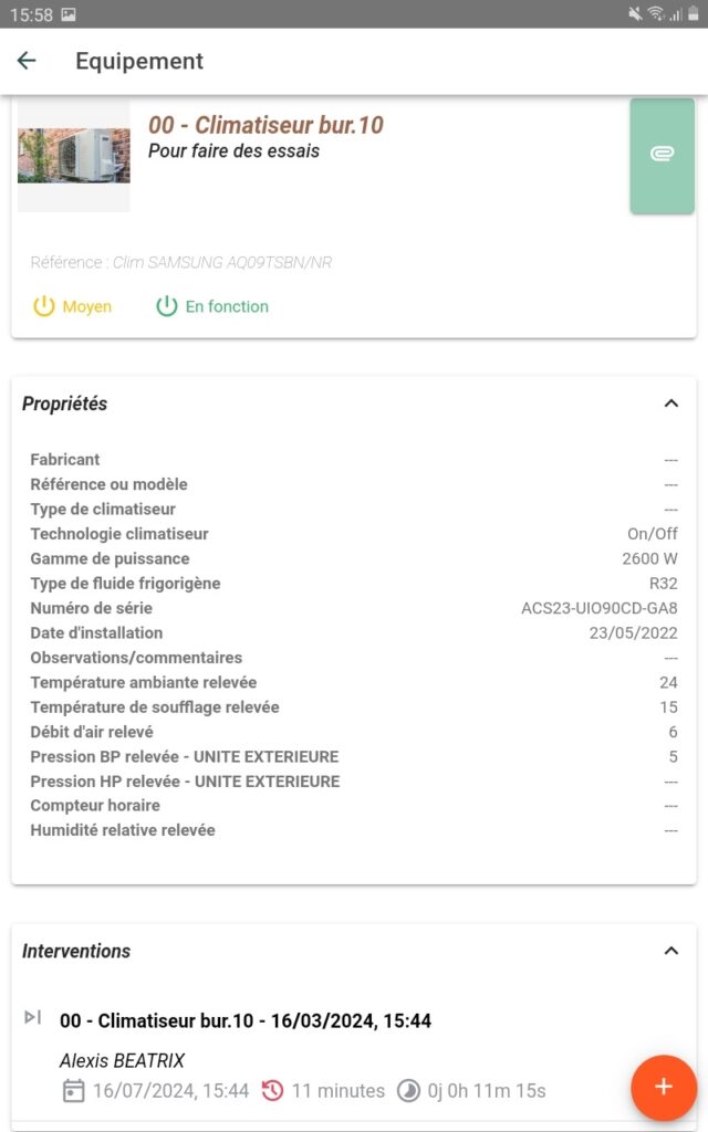 Page d'un équipement sur l'appli Intervention NX