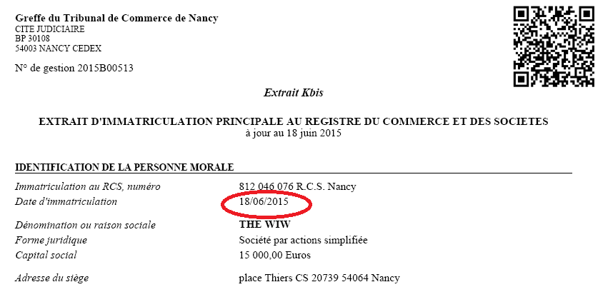 Le premier Kbis de The WiW, daté du 18 juin 2015 Le 1er Kbis de The WiW, il y a 10 ans.