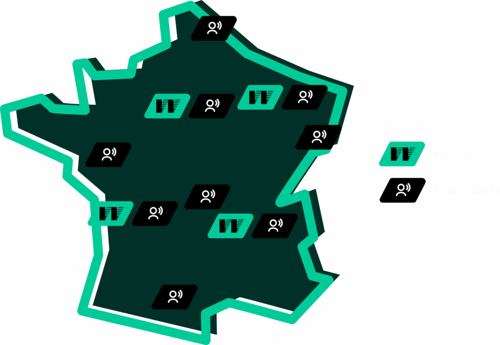 Carte de France indiquant les bureaux et les intégrateurs de The WiW. Les bureaux sont indiqués avec un logo The WiW en noir sur fond vert et les intégrateurs sont indiqués avec une icône blanche d'une personne qui parle sur un fond noir. Les bureaux de The WiW sont en Île de France, dans le Grand Est, proche de Lyon et proche de Bordeaux Les intégrateurs sont répartis comme ça : 1 intégrateur en Hauts-de-France, 2 dans le Grand-est, 1 dans la Loire, 1 en Île de France, 1 au centre, 1 proche de Bordeaux, 1 proche de Lyon et 1 proche de Toulouse. Ces intégrateurs rassemblent des expertises variées — automatisme, intégration logicielle, IoT — et couvrent l’ensemble des secteurs industriels.
