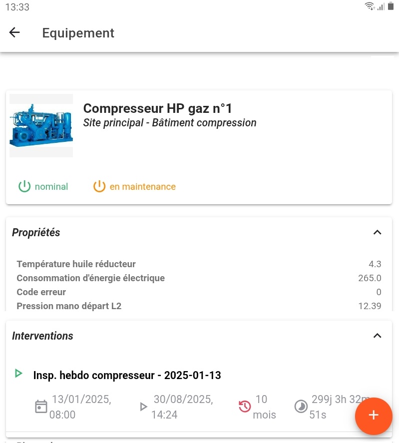Fiche d'un équipement dans l'appli mobile Interventions NX